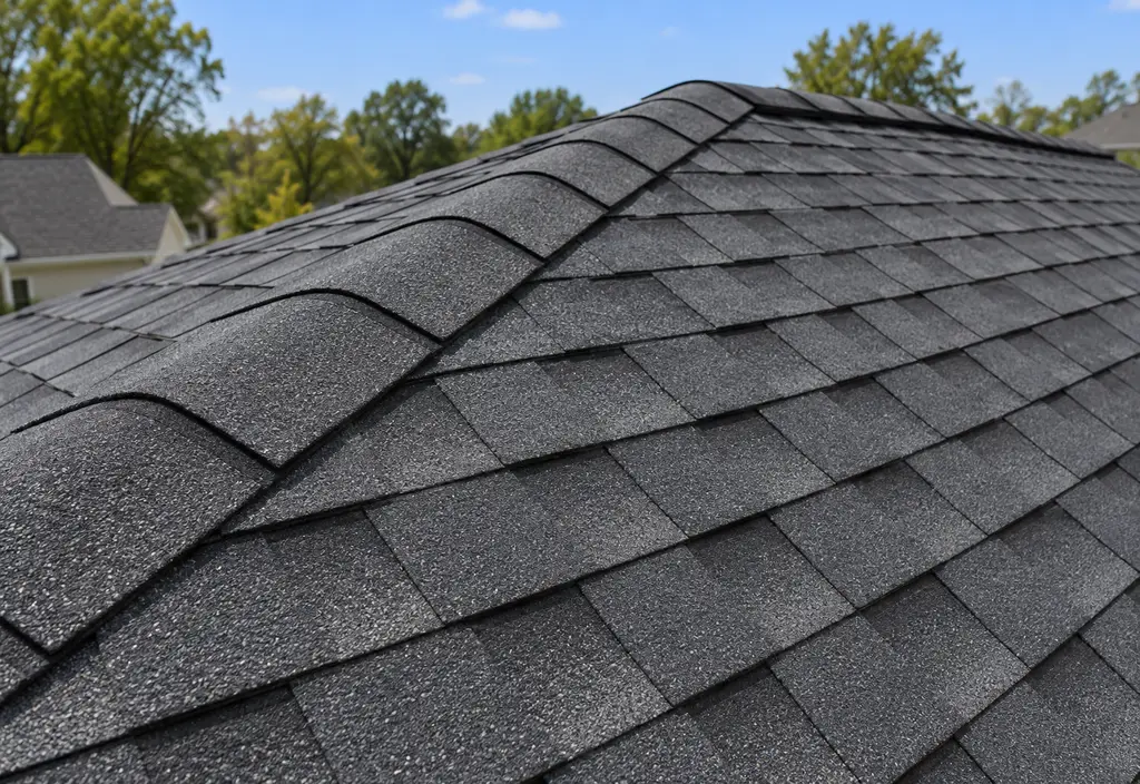 Close-up of newly installed dark gray architectural asphalt shingles on a pitched house roof, showing the dimensional layered pattern and a straight ridge cap line