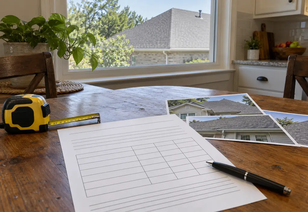 A homeowner's kitchen table with a printed roofing estimate sheet, a tape measure, house photos and a pen; a window shows a house roof outside. No readable text on the papers