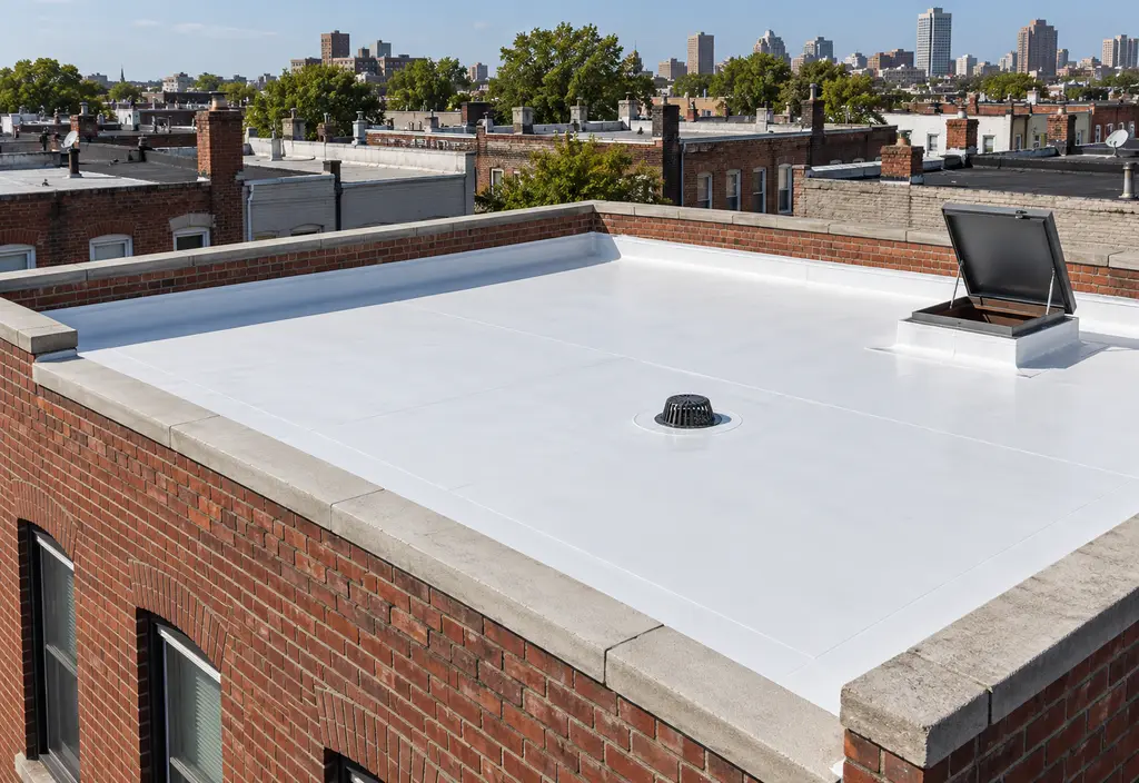 A new white TPO membrane flat roof on a two-story brick rowhouse, with a low brick parapet, a roof drain and a hatch, city rooftops behind