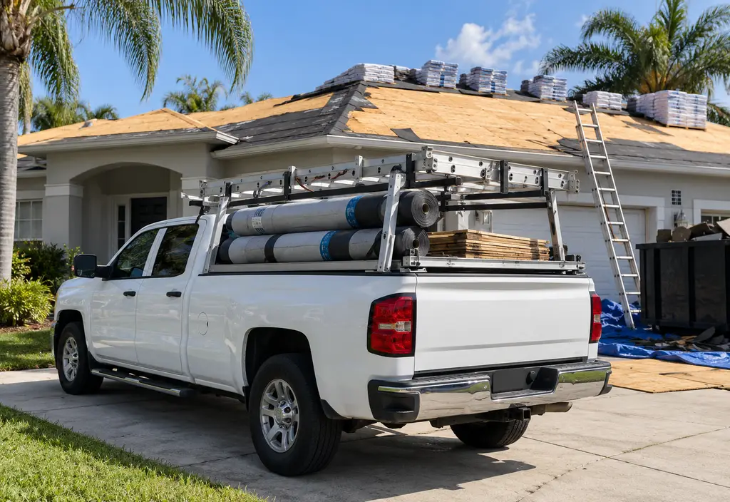 A neat roofing contractor work truck parked in front of a Florida house being reroofed, ladder racks, rolled underlayment, no lettering anywhere on the truck