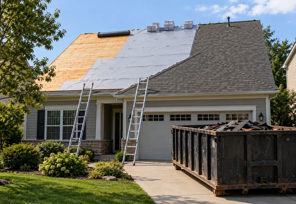 A house mid-reroof: half of the roof stripped to plywood decking with synthetic underlayment rolled out, the other half still old shingles, a dumpster in the driveway, ladders against the eave