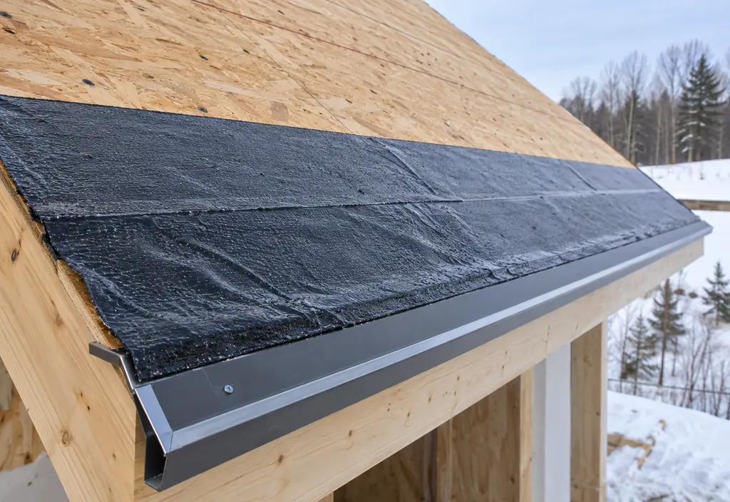 Close-up of self-adhering ice and water barrier membrane installed along the eaves of a pitched roof deck before shingles, with a metal drip edge, winter daylight