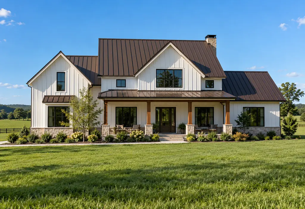 A modern farmhouse with a dark bronze standing-seam metal roof with crisp vertical seams, green field around, blue sky