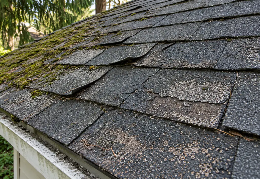 An old worn asphalt shingle roof on a house, with granule loss, curled and cracked shingles and moss in the shade, close view from a ladder height