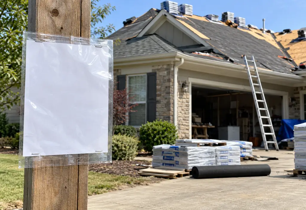 A building permit placard in a plastic sleeve stapled to a post in front of a house being reroofed, the placard has no readable text, roofers' materials on the driveway
