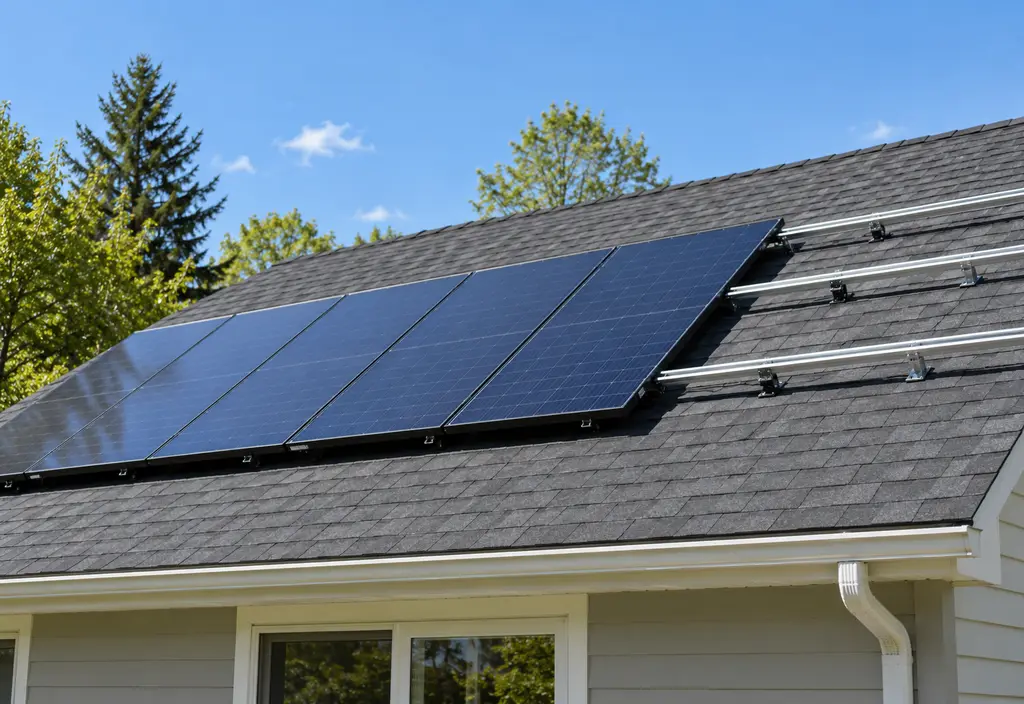 A house roof with new dark shingles and a row of new solar panels being mounted on rails on the south-facing slope, sunny day
