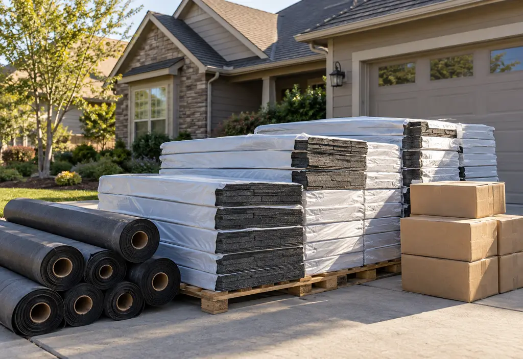 Bundles of architectural shingles, rolls of underlayment and boxes of nails stacked on a driveway in front of a house waiting for a new roof, morning light
