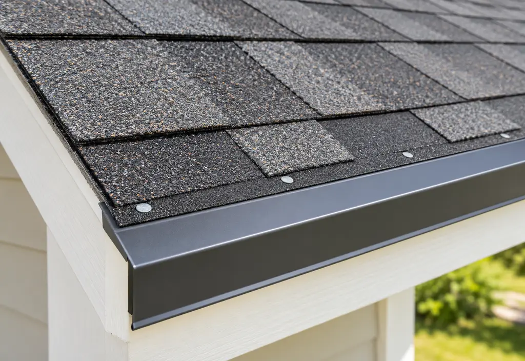 Detail of a new asphalt shingle roof edge showing aligned starter strip, drip edge and properly nailed shingles, close-up, clean workmanship