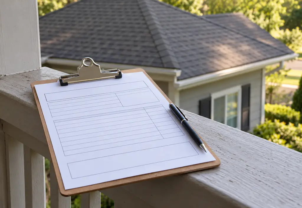 A clipboard with a blank estimate form and a pen resting on a porch railing of a house, a roof visible in soft focus behind. No readable text