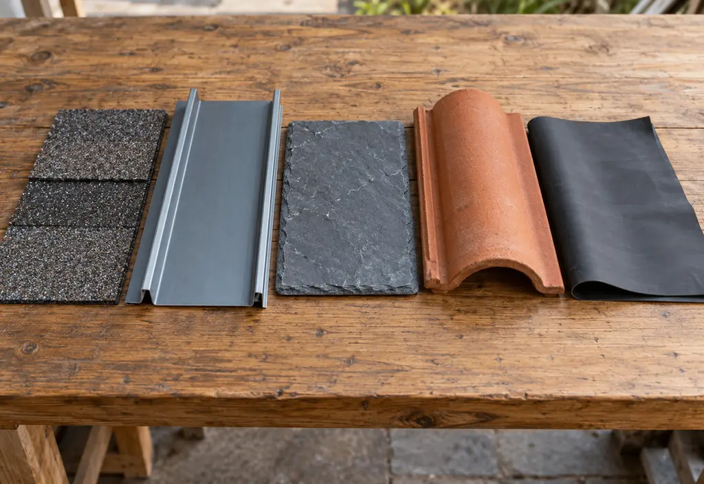 Samples of roofing materials laid side by side on a wooden table: an architectural asphalt shingle, a piece of standing-seam metal panel, a slate tile, a clay tile and a piece of EPDM membrane
