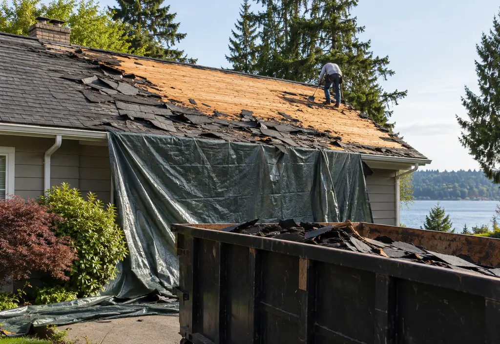 A roof during tear-off: old shingles being stripped down to the wood deck, a tarp and a dumpster below, one worker far away with back turned