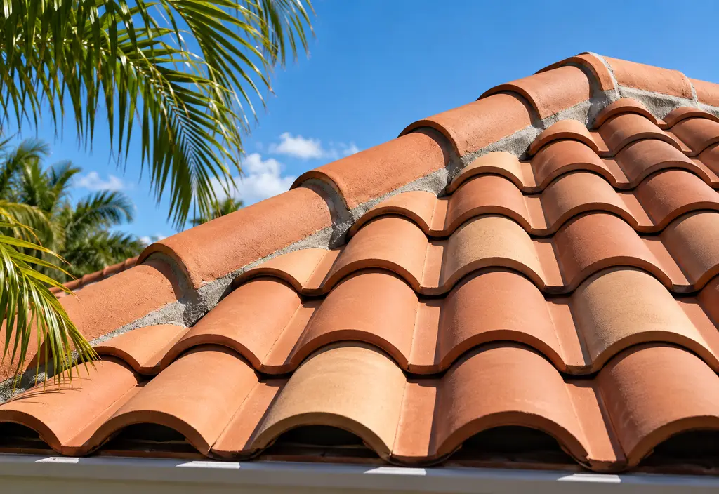 Close-up of new barrel clay tiles on a Florida roof with mortar-set ridge, palm fronds at the edge of the frame, bright sun