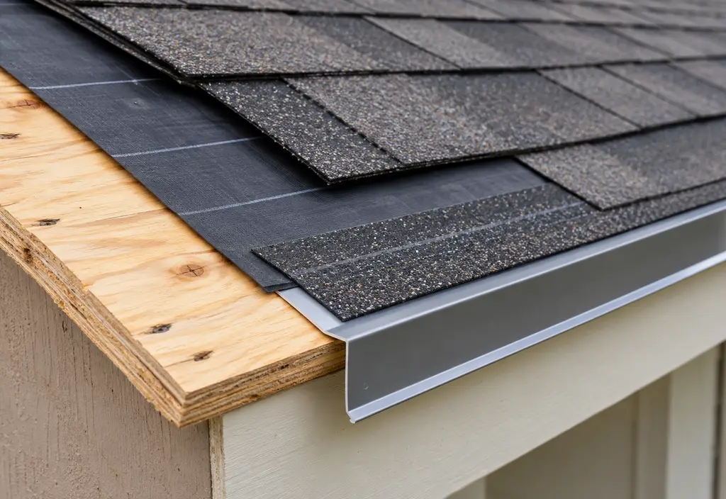Layers of a roof cut-away shown on a new roof edge: plywood deck, synthetic underlayment, drip edge, starter strip and architectural shingles, close-up