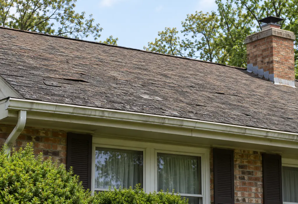 A 25-year-old asphalt shingle roof seen from the yard: faded color, missing granules, a few lifted shingles, on a 1970s house