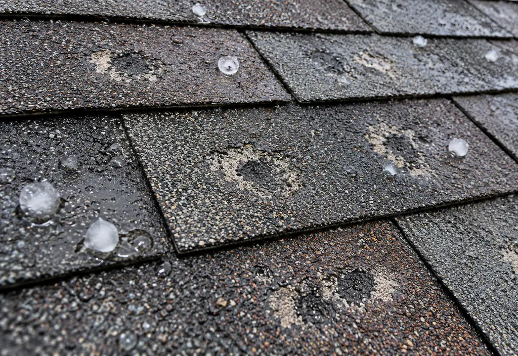 Close-up of hail-damaged asphalt shingles with dents and bruised granule loss, a few small hailstones melting on the roof, after a storm