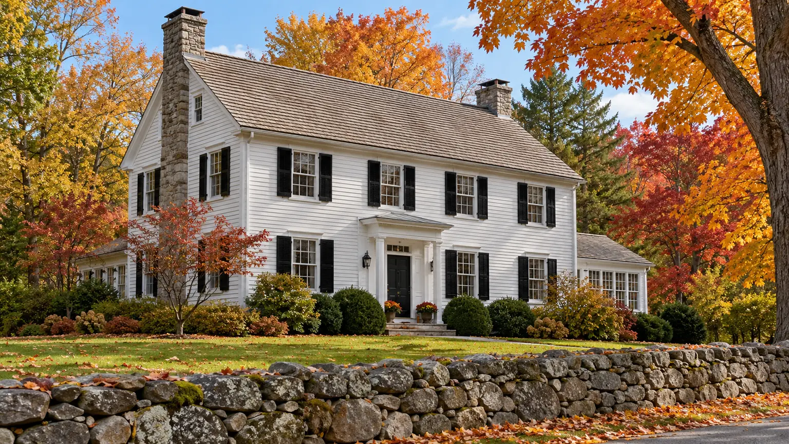 A Connecticut colonial with a new shingle roof and a stone wall
