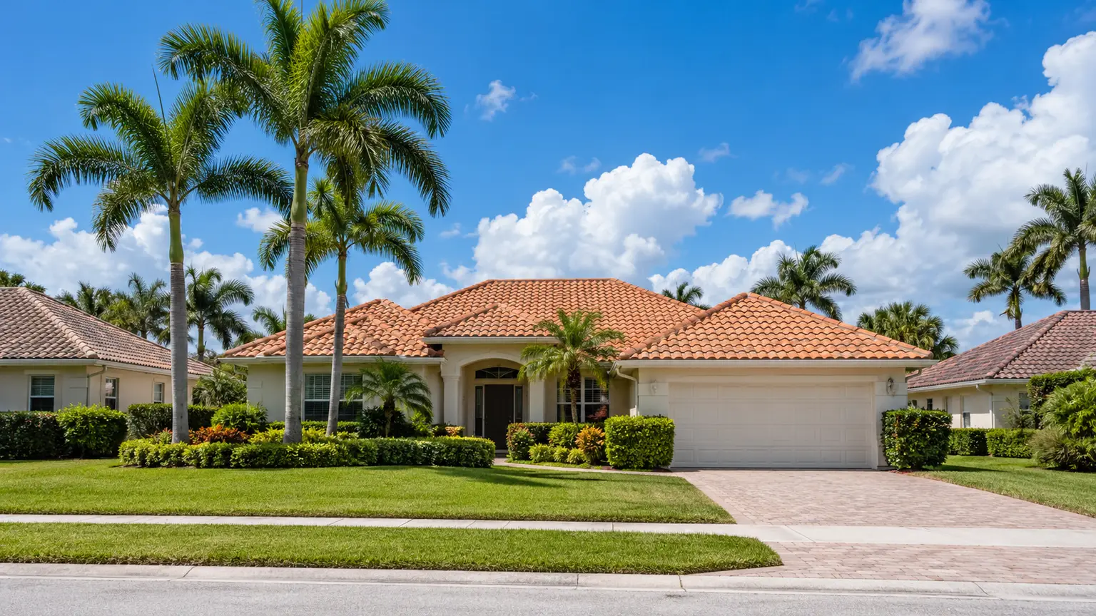 A Florida ranch house with a new concrete tile roof among palm trees