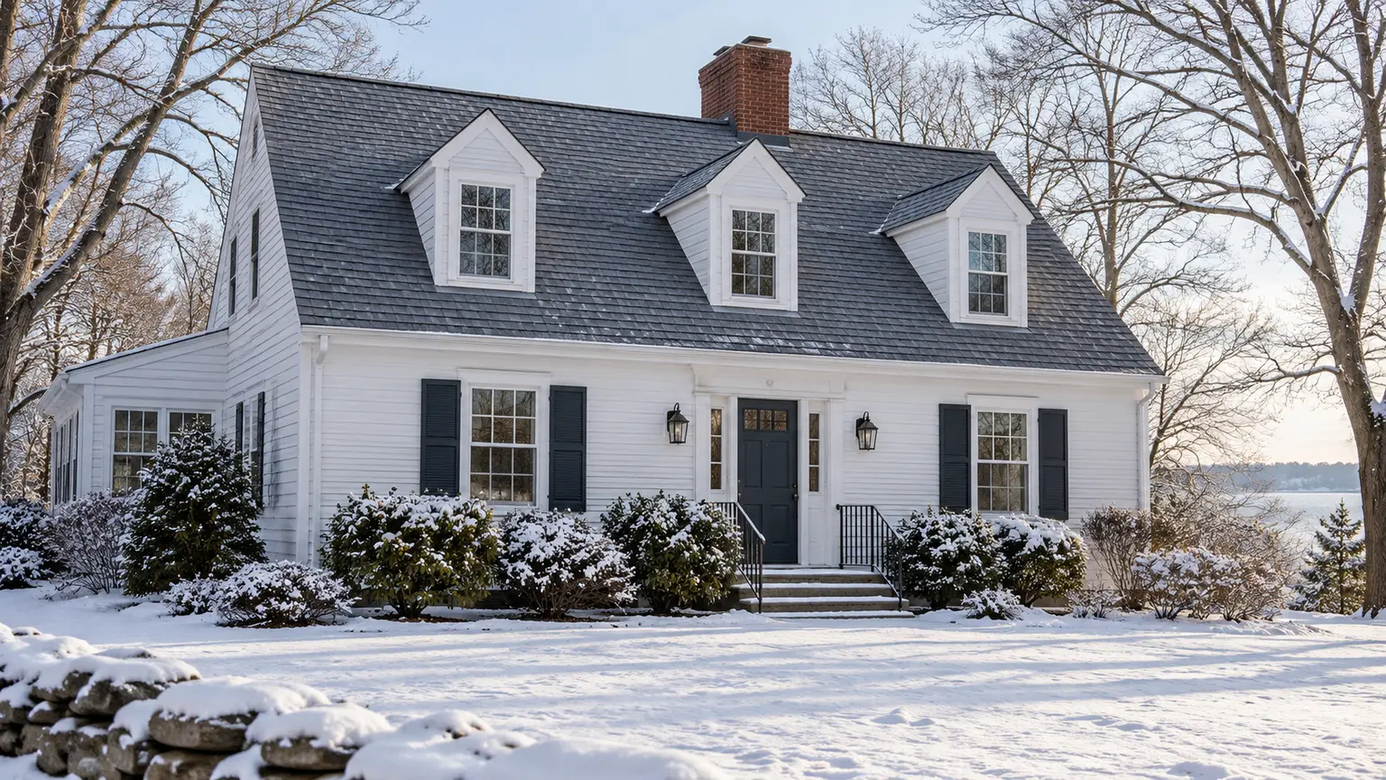 A Massachusetts Cape Cod house with a new shingle roof after light snow