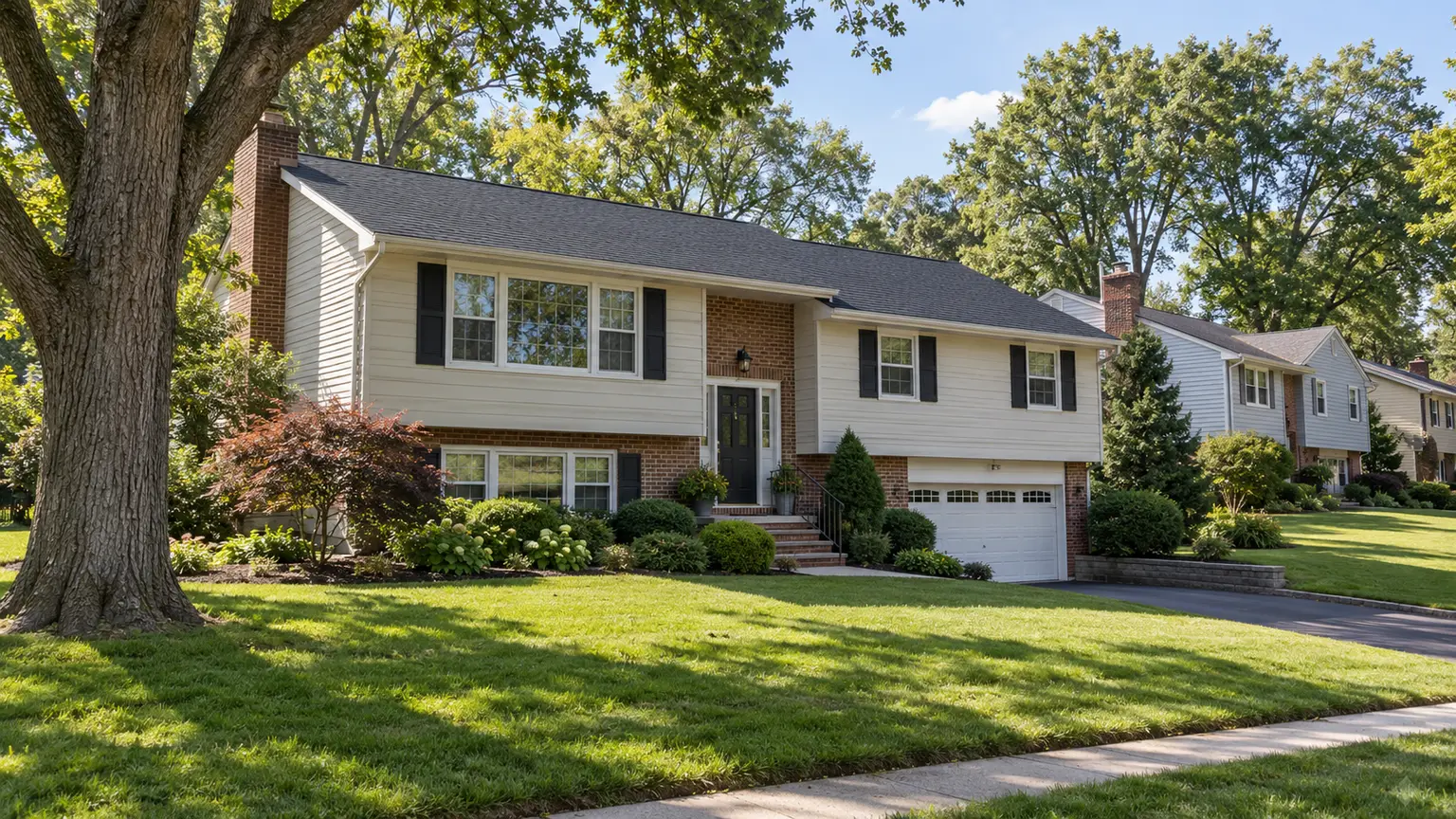 A New Jersey split-level house with a new charcoal shingle roof