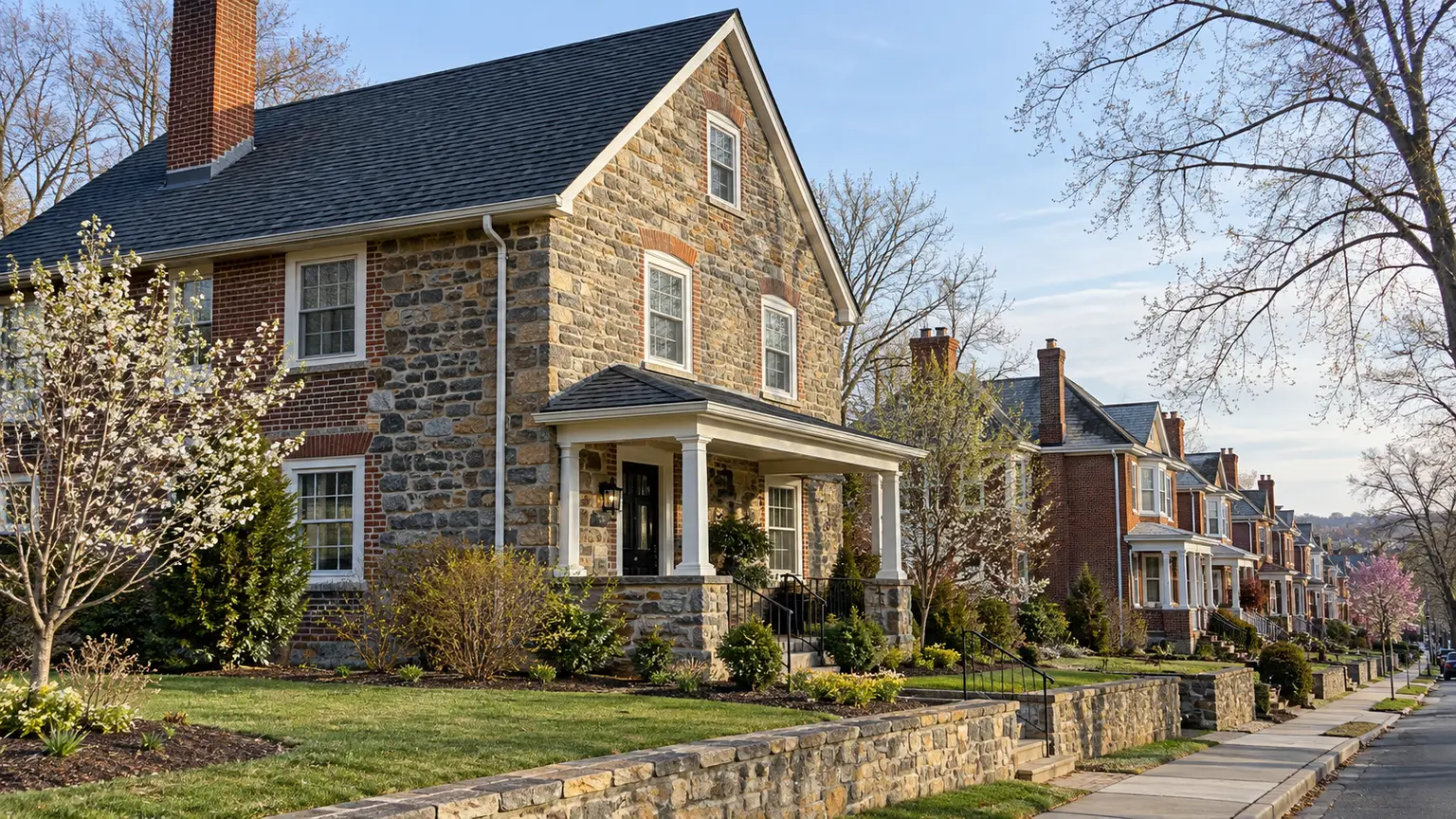 A Pennsylvania stone-and-brick house with a new shingle roof
