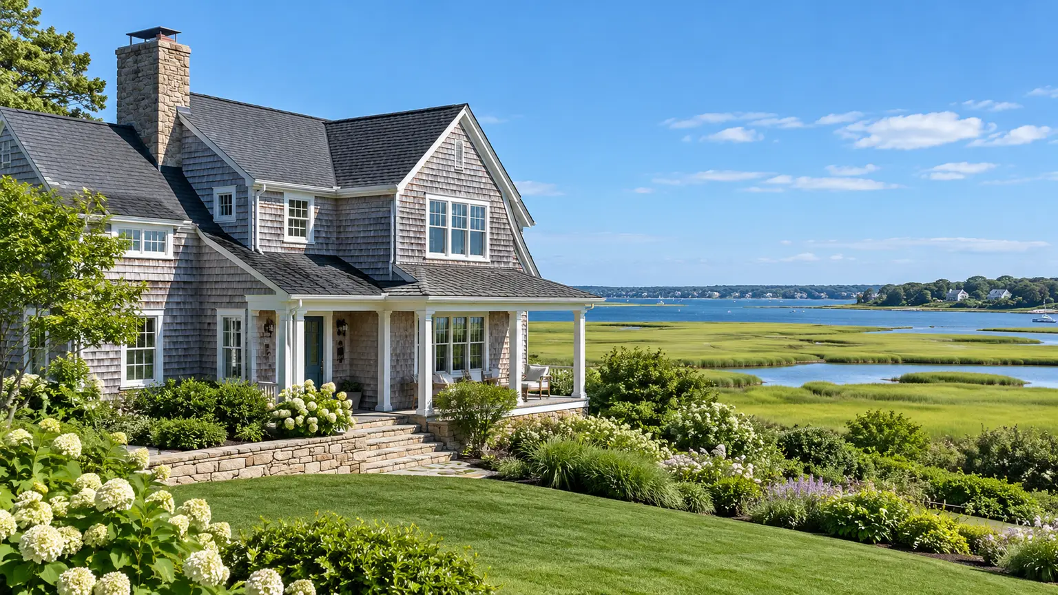 A shingle-style house on the Rhode Island coast with a new asphalt roof